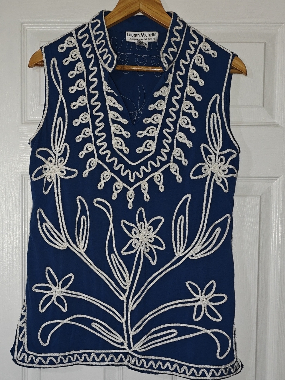 Lauren Michelle Navy Sleeveless Tunic with White Embroidered Floral Design